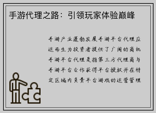 手游代理之路：引领玩家体验巅峰